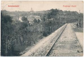 1911 Balatonalmádi, Öreghegyi részlet, szőlőskertek, villa, vasúti sín, munkások. Özv. Pethe Viktorné 487. (kis szakadás / small tear)