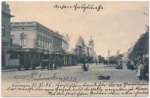 1905 Debrecen, Piac utca árusokkal, városi vasút, kisvasút, vonat, Singer varrógépek. Pongrácz Géza kiadása (EK)