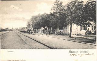 1903 Ercsi, vasútállomás, gőzmozdony. Déri János és fia kiadása