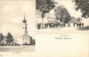 1930 Mány, Református templom és iskola. Wokaun József felvétele
