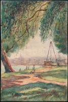 Sostarics Lajos (1896-1968): Óbudai Duna-part. Akvarell, papír, jelzés nélkül, 28×19 cm