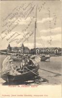 1905 Keszthely, Hullám és Balaton szálló. Sujánszky József kiadása, montázs csónakázókkal és vitorlással (Rb)