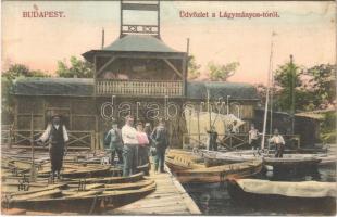 1917 Budapest XI. Üdvözlet a Lágymányosi tóról, csónakház kikötővel (Rb)