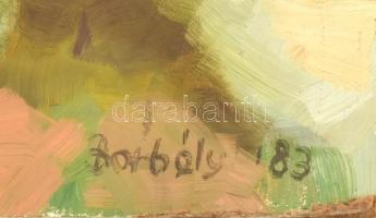 Borbély 83 jelzéssel: Kertben. Olaj, farost. Kisebb felületi sérülésekkel. 60x50 cm