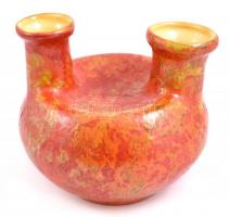 Narancsszínű kétszájú mázas kerámia váza, jelzett, kis kopásnyomokkal, m: 13 cm