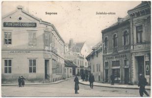 1908 Sopron, Színház utca, Peck János kávéháza, A hazai ált. biztosító r. társaság főügynöksége, Franz Wagner, Polster és Remesberger üzlete (EK)