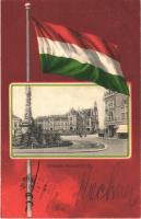 1901 Kecskemét, Szentháromság szobor. Schwartz Soma kiadása, Szecessziós magyar zászló, Art Nouveau, litho