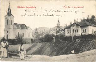 Lupény, Lupeni; papi lak a templommal, építkezés a háttérben / church, rectory, construction in the background (EK)