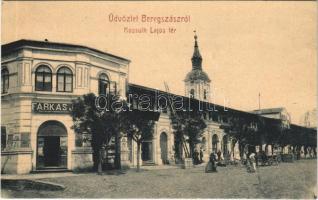 1909 Beregszász, Beregovo, Berehove; Kossuth Lajos tér, Farkas J. és Kató Albert üzlete, létra, kerékpár. W.L. (?) 1927. / square, shops