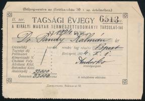 1924 Bp., A Királyi Magyar Természettudományi Társulat által kiállított tagsági évjegy
