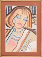 Scheiber H jelzéssel: Női portré. Akvarell, kréta, papír. Fa keretben.47x32 cm