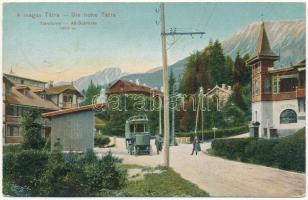 1907 Tátrafüred, Ótátrafüred, Altschmecks, Stary Smokovec (Magas Tátra, Vysoké Tatry); étterem, utca, korai trolibusz / restaurant, street, early  trolley autobus