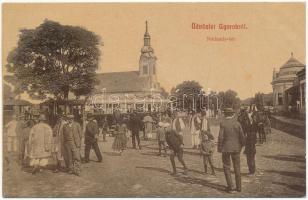 1909 Gyorok, Ghioroc; Nádasdy tér, piac árusokkal, templom, városi vasút, kisvasút. W.L. 3087-95. / market square, church, urban railway, train