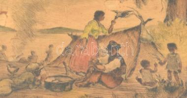 Iványi Grünwald Béla (1867-1940)-Prihoda István (1891-1956): Táborozók. Színezett rézkarc, papír, je...