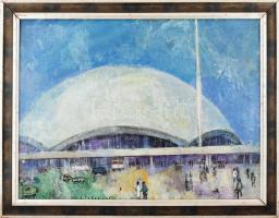 Kleber 65 jelzéssel: Jahrhunderthalle (Frankfurt am Main). Olaj, farost. Kissé sérült fa keretben. 5...