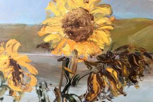 Bánkuti Gertrúd (1948-): Női akt napraforgókkal. Olaj, farost. Fa keretben. 63×109,5 cm