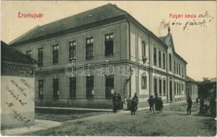 1910 Érsekújvár, Nové Zámky; polgári iskola, Hvila Gyula cipész üzlete. W.L. 428. / school, shoemaker shop (EK)