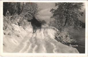 1942 Borszék, Borsec; téli út a folyóparton. Heiter György udvari fényképész felvétele és kiadása / riverside road in winter (EK)