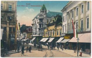 1917 Arad, Atzél Péter utca, Bohus palota, magyar zászlók / street, palace, shops, Hungarian flags (kicsit ázott / slight wet damage)