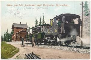 1905 Tátra, Vysoké Tatry; Csorbatói fogaskerekű vasútállomás, vonat. Cattarino S. 1905. 218. / Zahradbahn / Strbské Pleso, cogwheel railway station, train