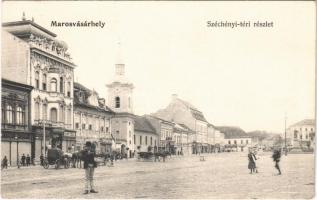 Marosvásárhely, Targu Mures; Széchenyi tér, templom, Vasváry és Halász, Hary Géza, Szalmásy Gyula, Schwartz János, József Emil cipőraktára, Henning Károly és Bartscht Károly üzlete / square, church, shops