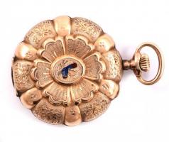 Arany (Au) Cylindre 14K női zsebóra virágmintás díszítéssel. Jelzett. Működő, lepattant zománc díszí...