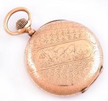 Arany (Au) 14 K Remontoir dupla aranyfedeles 16 köves zsebóra másodpercmutatóval. Vadász tematikájú ...