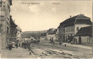 Szentágota, Agnetheln, Agnita; Közép utca, vasúti sín, lovaskocsik. Wilhelm Fernengel kiadása / Mittelgasse / street, railway tracks, horse carts