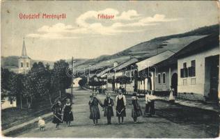 1910 Merény, Vondrisel, Nálepkovo; Felsősor, templom. W.L. Bp. 2731-28. / street, church