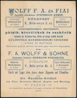 cca 1895 Wolff F. A. és Fiai gyógyszerészeti, vegyészeti készülékek gyára kétnyelvű reklámja, hátoldalán okmánybélyeggel ellátott számla