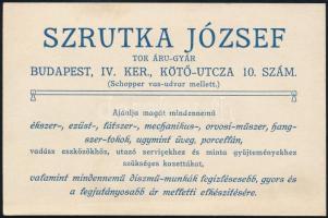 cca 1895 Szrutka József tok árugyár reklámkartonja, hátoldalán a tulajdonos írásával