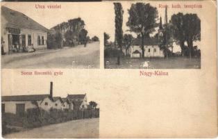 Nagykálna, Kalná, Kálna (Léva, Levice); utca részlet, Szesz finomító gyár, Római katolikus templom, Róbb Vilmos üzlete és saját kiadása / street, church, shop, distillery