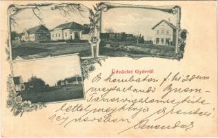 1900 Gyér, Giera; vasútállomás, gőzmozdony, utca / railway station, locomotive, street. Art Nouveau, floral