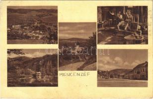 Mecenzéf, Metzenzéf, Medzev; mozaiklap, üvegfúvók / multi-view postcard with glassblowers (vágott / cut)