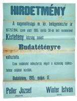 1915 Hirdetmény Budatétény nevének megváltozásáról Kistétényről Budatétényre. 27x35 cm Hajtott