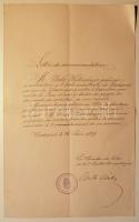 1889 Csáky Albin vallás és közoktatásügyi miniszter, országgyűlési alelnök aláírása ajánlólevélen