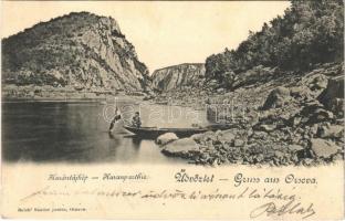 1901 Orsova, Kasanpartie / Cazane / Kazántájkép, Kazán-szoros, csónak. Raichl Sándor junior kiadása / gorge, boat (EK)