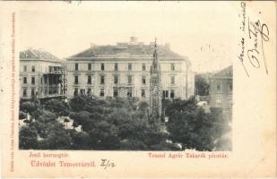 1900 Temesvár, Timisoara; Jenő herceg tér, Temesi Agrár Takarékpénztár. Csendes Jakab kiadása / square, savings bank