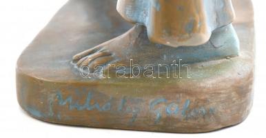 Mihály Gábor (1942- ): Csodálkozás. Mázas terrakotta szobor, jelzett, hibátlan m: 32 cm