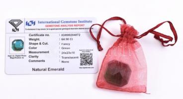 Természetes smaragd kő 64,5 K klasszikus csiszolás, áttetsző, hozzá IGI tanusítvánnyal / Natural eme...