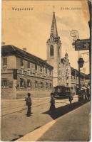 1907 Nagyvárad, Oradea; Zárda épület, utca, villamos, Kern és Petrovics fűszer és csemege kereskedése az arany kereszthez, üzletek. W.L. 958. / nunnery, street, tram, shops (EK)
