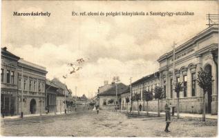 Marosvásárhely, Targu Mures; Református elemi és polgári leány iskola a Szentgyörgy utcában, Szenszki Miklós üzlete / Calvinist girl school, street, shop