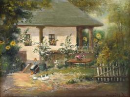 Markovits István (1892-?): Napfényes udvar. Olaj, vászon, jelzett, Kissé sérült (helyenként festék lepergéssel). Dekoratív fa keretben. 40x50 cm