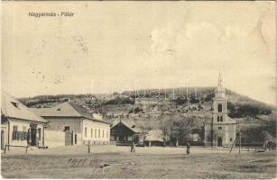 1911 Nagyalmás, Almasu Mare; Fő tér, templom, üzlet. Papp Antal kiadása / main square, church, shop