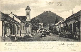 1905 Huszt, Chust, Khust; Fő utca, építkezés, templom, üzlet. Ausländer Ignác kiadása / main street, construction, church, shop (Rb)