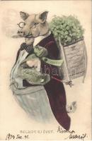 1903 Boldog új évet! Szivarozó malac úr egy hátitáskányi lóherével / New Year, pig gentleman with a bag of clover