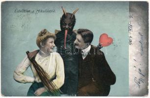1904 Üdvözlet a Mikulástól! Krampusz szerelmespárral / Greetings from Saint Nicholas! Krampus with love couple