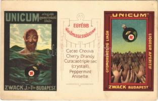 Unicum a legjobb gyomorerősítő likőr. Zwack J. és társai reklámlap. Budapest / Hungarian stomachic liqueur advertisement, litho (EK)