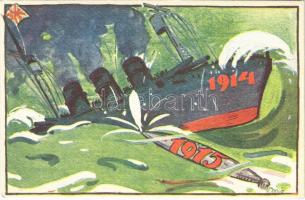 1914-1915 Első világháborús haditengerészeti propaganda lap. Magyar Földrajzi Intézet Rt. kiadása / K.u.K. Kriegsmarine / WWI Austro-Hungarian Navy propaganda art postcard s: Biró