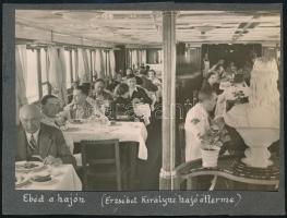 1934 Ebéd a hajón Erzsébet királyné hajóétterme, kartonra ragasztott, feliratozott fotó, 10×15 cm